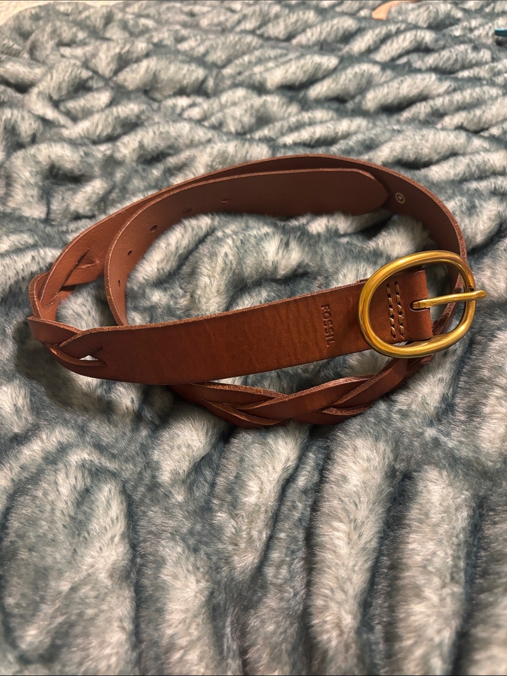 Fossil Brown Genuine Leather Braided Belt Brass Oval Buckle Boho Western Size M